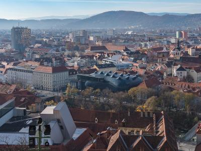 Red rooftops of Graz's UNESCO-listed historic centre seen from the Schlossberg