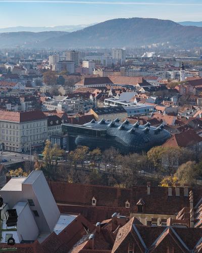 Red rooftops of Graz's UNESCO-listed historic centre seen from the Schlossberg