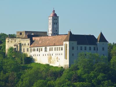 Schallaburg Renaissance castle with its patterned tower rising above wooded slopes in Lower Austria
