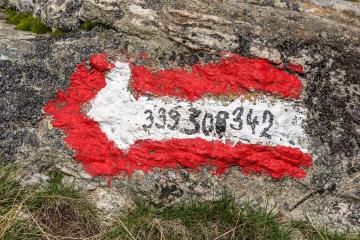 A close-up of a rock face featuring a painted red arrow with white center and black numbers "339 308 342", typical of Austrian hiking trail markers, set against mossy stone and grass.