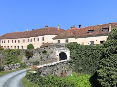 A large, light-colored castle complex with a red-tiled roof, stone fortifications, and an arched gateway, viewed from a gravel path with green vegetation and a clear blue sky.
