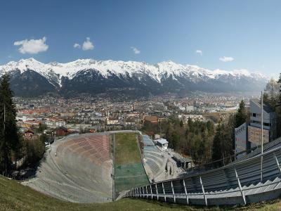 Innsbruck and the snow-capped Nordkette range seen from the Bergisel ski jump, Tyrol
