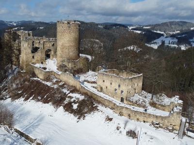 Burgruine Prandegg castle ruin with its round tower above Schonau im Muhlkreis