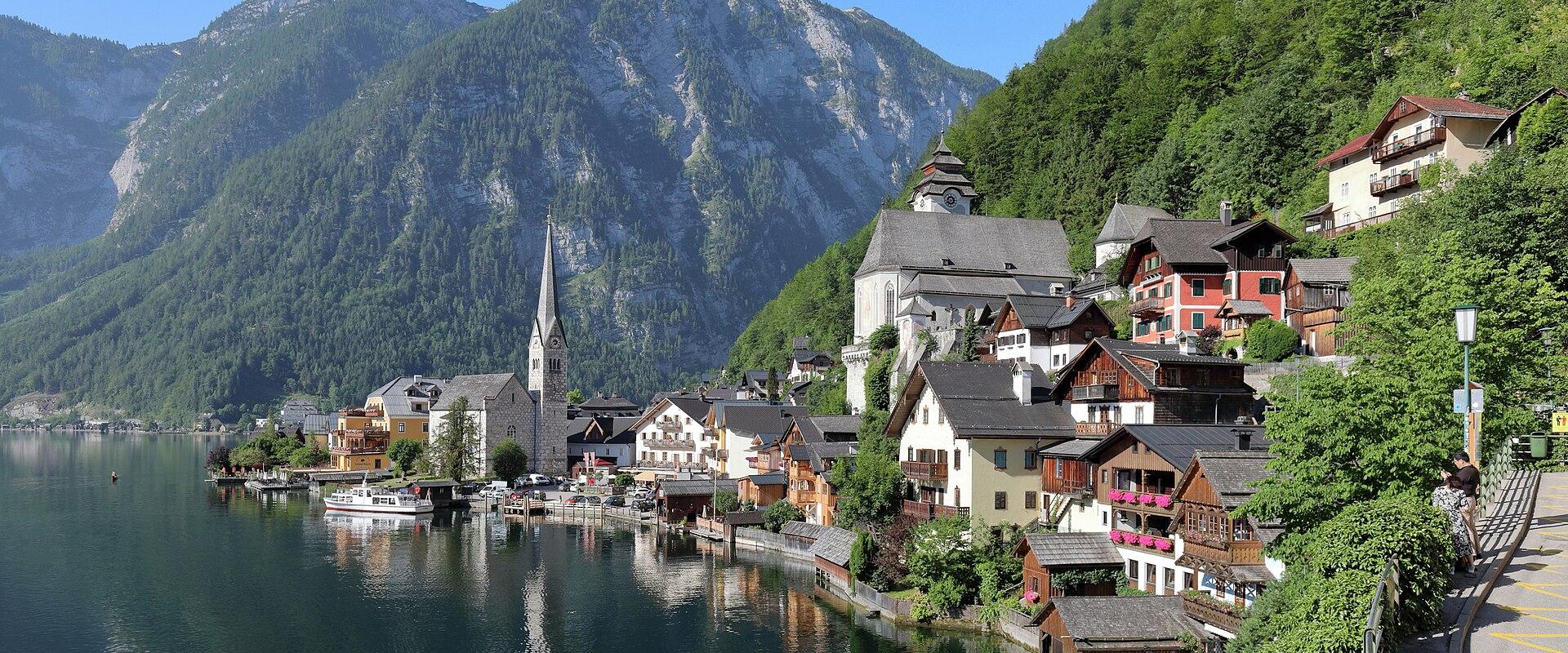 The lakeside village of Hallstatt beneath steep mountains, Upper Austria