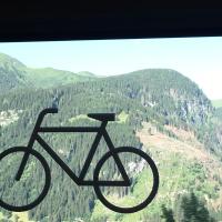 A black bicycle silhouette decal on a train window, with a view of forested alpine mountains outside.