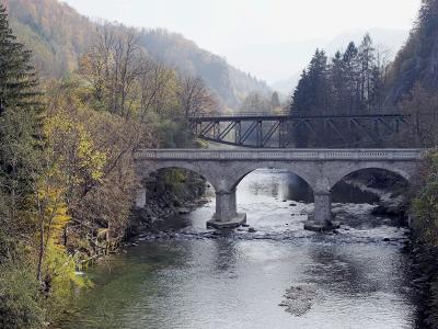 A stone arch bridge carrying a road crosses a river, with a metal truss railway bridge situated directly above it in a forested valley.