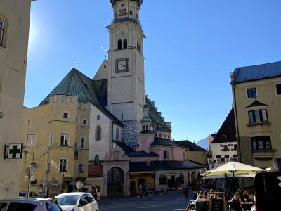 Oberer Stadtplatz in Hall in Tirol old town with the parish church tower