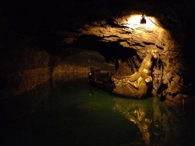 Golden dragon boat on the underground lake of Seegrotte Hinterbruhl, Lower Austria