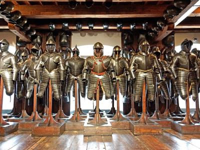 Rows of 16th-17th century suits of armour inside the Styrian Armoury (Landeszeughaus) in Graz
