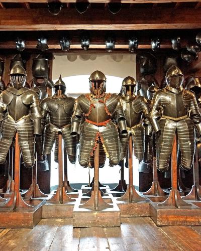 Rows of 16th-17th century suits of armour inside the Styrian Armoury (Landeszeughaus) in Graz