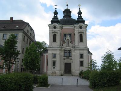 Twin-towered baroque facade of the Christkindl pilgrimage church near Steyr