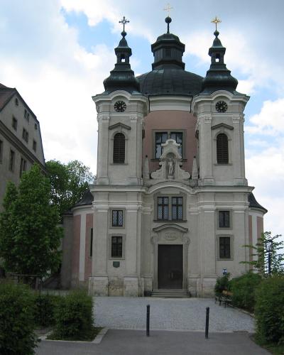 Twin-towered baroque facade of the Christkindl pilgrimage church near Steyr