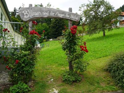 Rose-covered entrance arch in Irschen, a Slow Food Village in Carinthia, Austria