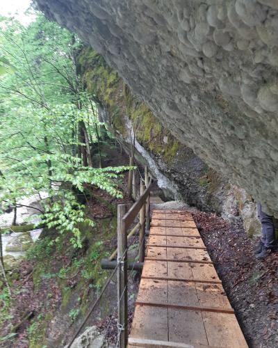 A wooden boardwalk path built along the base of a large, overhanging rock face in a forested gorge, with a stream visible to the left and a person's legs on the right.