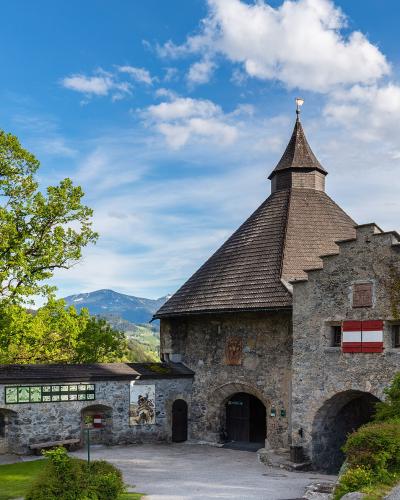 A stone castle gatehouse with a steep wooden roof and Austrian flags, set against a backdrop of green hills and mountains under a blue sky.