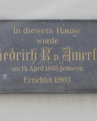 A close-up photograph of a grey commemorative plaque mounted on a light-colored wall, featuring gold lettering that reads "In diesem Hause wurde Friedrich R. v. Amerling am 14. April 1803 geboren Errichtet 1903".