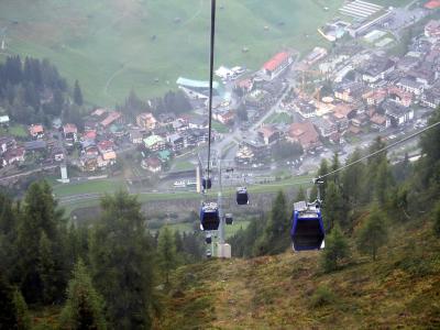 A high-angle view from a cable car looking down at the town of St. Anton am Arlberg, showing the village center, buildings, and surrounding green hills.