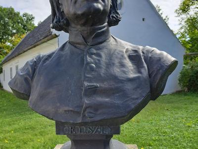 A bronze bust of Franz Liszt on a stone pedestal, with the inscription "F. LISZT" visible on the base, set outdoors on a grassy lawn with a white building featuring a steep gable roof in the background.
