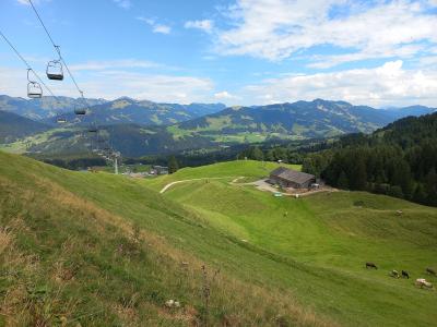 A view of a green alpine pasture with a large wooden barn, grazing cattle, and a chairlift line ascending the hillside against a backdrop of distant mountains.