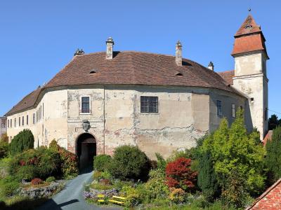 A large, historic castle complex with a prominent corner tower featuring a red-tiled roof, situated on a hillside with gardens and a clear blue sky.