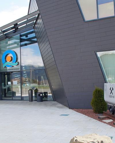Entrance building of the Therme Aqualux thermal spa in Fohnsdorf, Styria