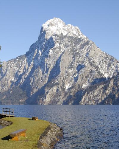 The Traunstein rising above the Traunsee