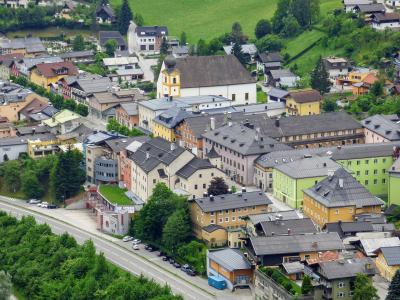 The rooftops of Werfen town centre in the Salzach valley