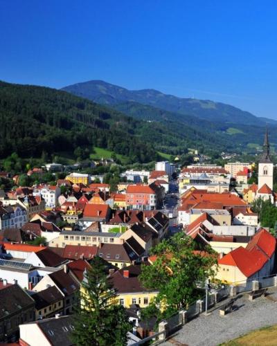 A high-angle panoramic view of a European town with red-tiled roofs, a prominent church spire, and forested hills in the background, taken from an elevated vantage point.