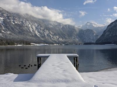 Jetty at Strandbad Untersee in Bad Goisern with Hallstattersee and the Dachstein massif beyond
