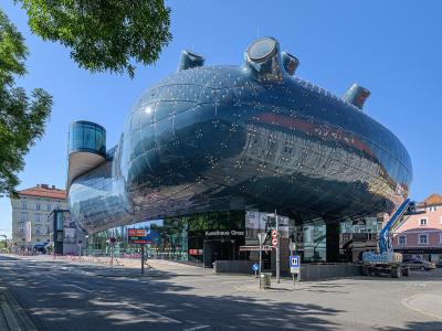 The biomorphic blue facade of Kunsthaus Graz, the 'Friendly Alien' art museum in Graz, Austria