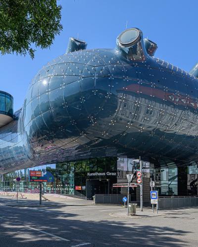 The biomorphic blue facade of Kunsthaus Graz, the 'Friendly Alien' art museum in Graz, Austria