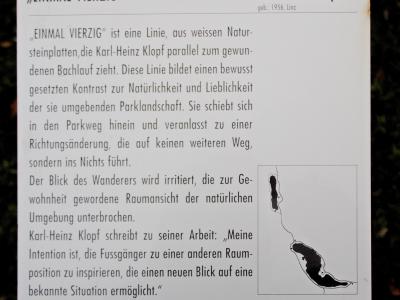 A close-up photograph of an informational sign for a land art installation titled "EINMAL VIERZIG" by Karl-Heinz Klopff, part of the "MONDSEE LAND ART" series.